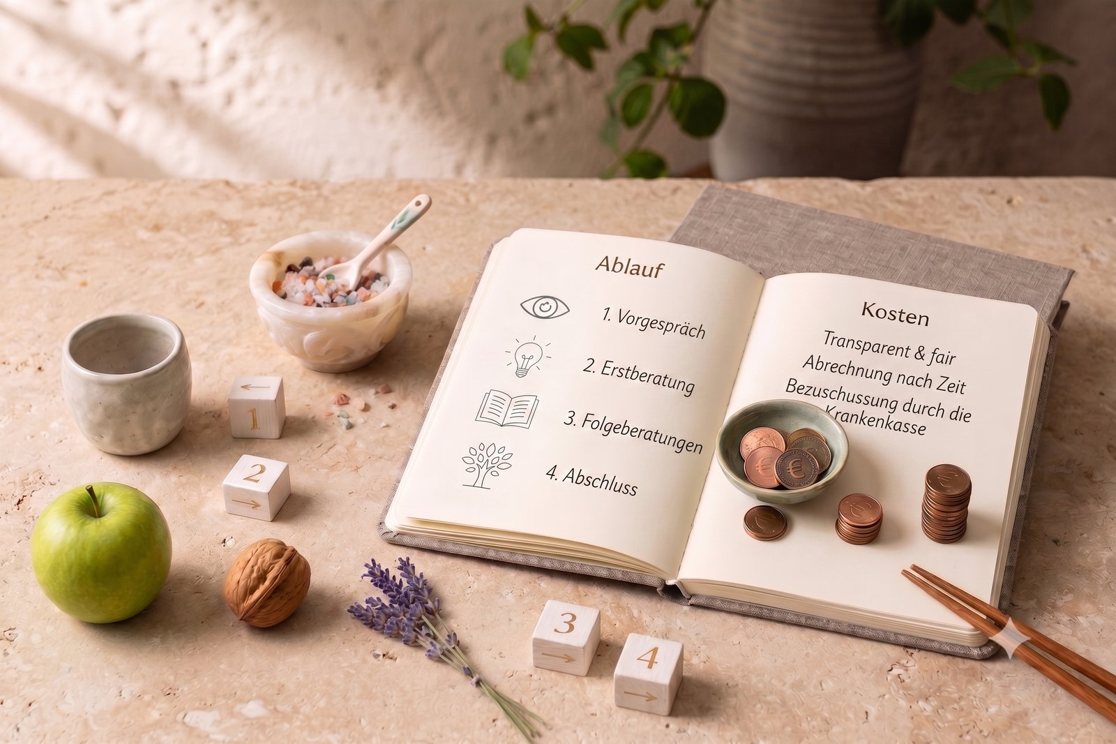 Aufgeschlagenes Notizbuch mit den vier Schritten der Ernährungstherapie und Hinweisen zu den Kosten