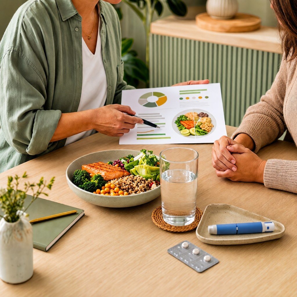 Ernährungsberatung mit ausgewogener Mahlzeit, Injektionspen und Tabletten auf dem Tisch